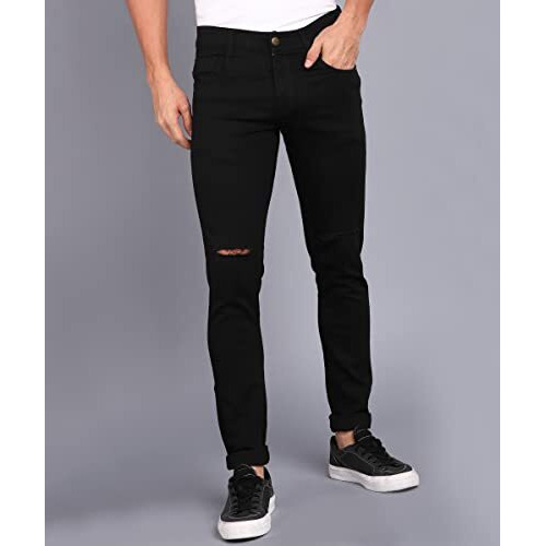 Urbano Fashion Men's Black Knee Slit Distressed Jeans Stretchable (Hpskneeslit-Black-28-Fba)