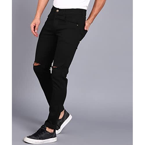 Urbano Fashion Men's Black Knee Slit Distressed Jeans Stretchable (Hpskneeslit-Black-28-Fba)