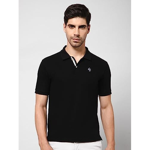 Cantabil Cotton Blend Black Regular Fit Solid Polo Neck Half Sleeve Casual T-Shirt For Men | Half Sleeves Polo T-Shirts For Men | Mens Polo Neck Solid T-Shirt (Mtsh00183_Black_L)