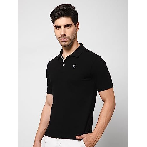 Cantabil Cotton Blend Black Regular Fit Solid Polo Neck Half Sleeve Casual T-Shirt For Men | Half Sleeves Polo T-Shirts For Men | Mens Polo Neck Solid T-Shirt (Mtsh00183_Black_L)