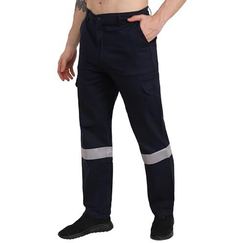 Club Twenty One Workwear Men's Cotton High Visibility Pant (Navy Blue, L)