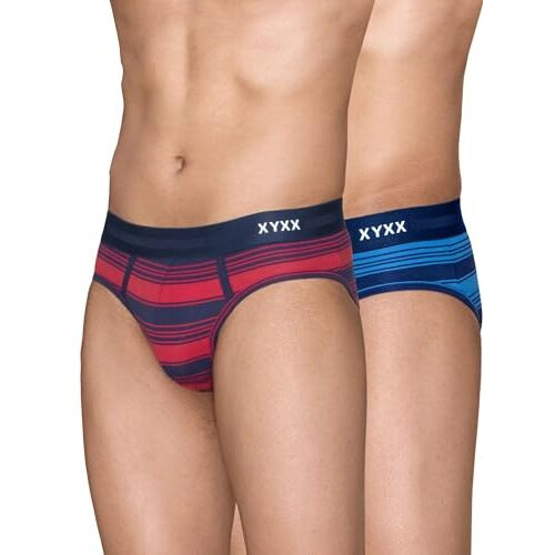 Xyxx Men's Pure Cotton Regular Striped Brief (Pack Of 2) (Xy_Cr1_Brf_01_2_3_Cardinal Red+Pacific Blue_M)