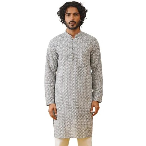 Jompers Men Grey Chikankari Embroidered Kurtas (Grey, M)