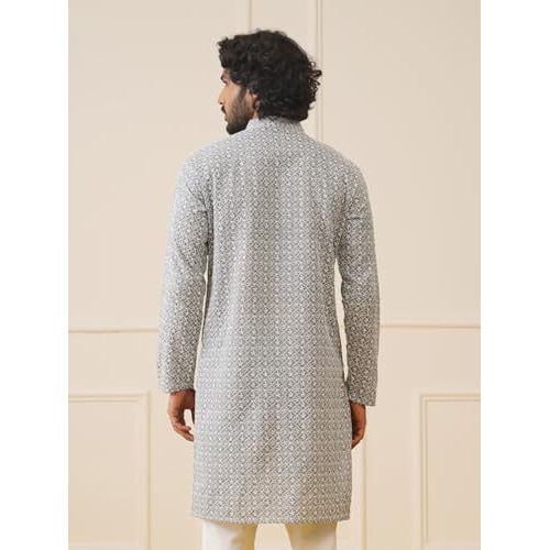 Jompers Men Grey Chikankari Embroidered Kurtas (Grey, M)