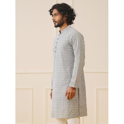 Jompers Men Grey Chikankari Embroidered Kurtas (Grey, M)