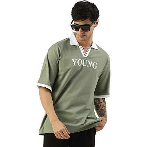 Maniac Mens Printed Polo Neck Half Sleeve Light Green And White Cotton Oversized T-Shirt