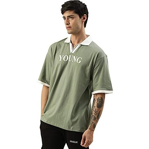 Maniac Mens Printed Polo Neck Half Sleeve Light Green And White Cotton Oversized T-Shirt