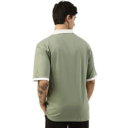Maniac Mens Printed Polo Neck Half Sleeve Light Green And White Cotton Oversized T-Shirt