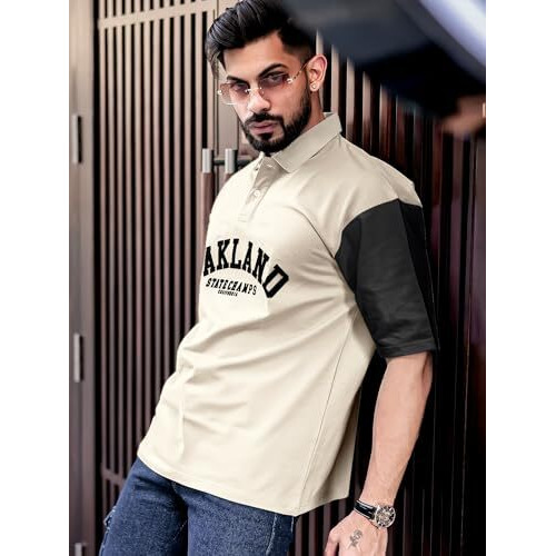 Maniac Mens Printed Polo Neck Half Sleeve Biscuit And Black Cotton Oversized T-Shirt