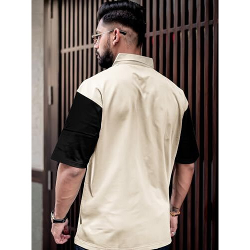 Maniac Mens Printed Polo Neck Half Sleeve Biscuit And Black Cotton Oversized T-Shirt