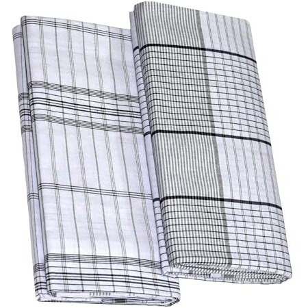 Tuni Mani Men's Stitched Cotton White Lungi | Length-2.25Mtr | Height-1.20Mtr | (Pack Of 2) (Rt White Black Fancy)
