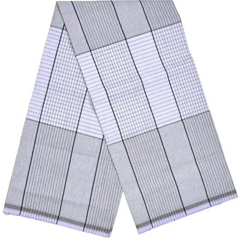 Tuni Mani Men's Stitched Cotton White Lungi | Length-2.25Mtr | Height-1.20Mtr | (Pack Of 2) (Rt White Black Fancy)
