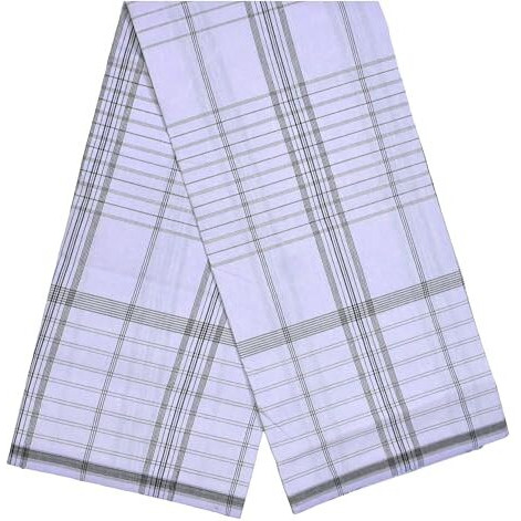 Tuni Mani Men's Stitched Cotton White Lungi | Length-2.25Mtr | Height-1.20Mtr | (Pack Of 2) (Rt White Black Fancy)