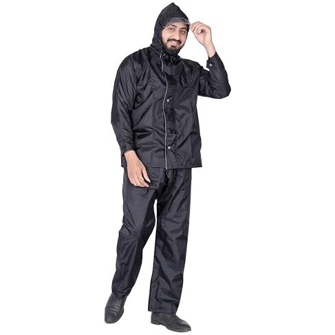 Hsr Casual Style Raincoat 100% Waterproof Polyester Double Layer Standard Length Rain Coat For Men Bike With Pants, Adjustable Hood (Xxl, Black)