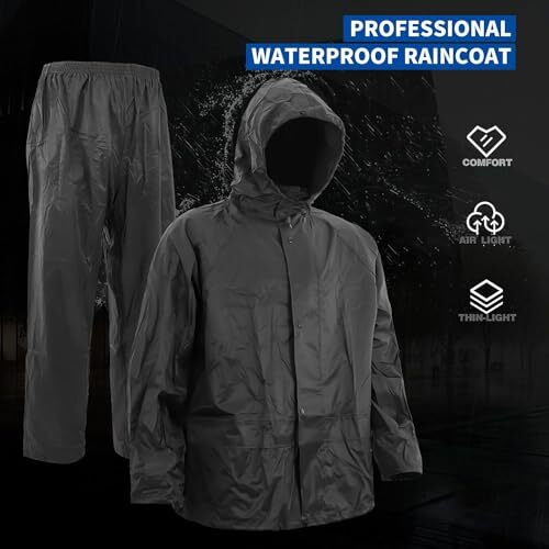 Hsr Casual Style Raincoat 100% Waterproof Polyester Double Layer Standard Length Rain Coat For Men Bike With Pants, Adjustable Hood (Xxl, Black)