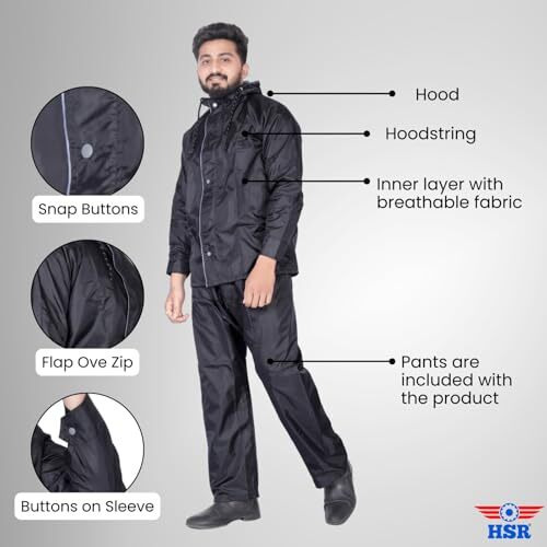 Hsr Casual Style Raincoat 100% Waterproof Polyester Double Layer Standard Length Rain Coat For Men Bike With Pants, Adjustable Hood (Xxl, Black)