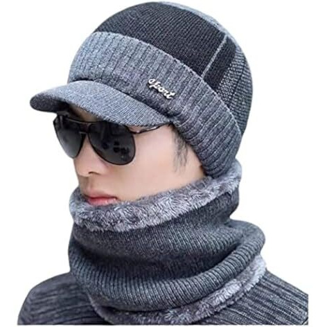 Alexvyan 1 Set Hat Style Soft Casual Cap And Scarf Imported Warm Snow And Air Proof Fleece Knitted Beanie Winter Cap With Scarf For Men Boy Male (Grey Hat)