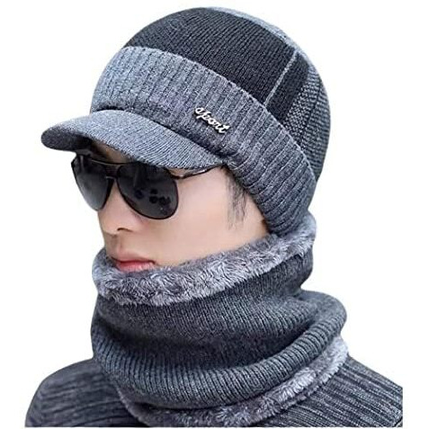 Alexvyan 1 Set Hat Style Soft Casual Cap And Scarf Imported Warm Snow And Air Proof Fleece Knitted Beanie Winter Cap With Scarf For Men Boy Male (Grey Hat)
