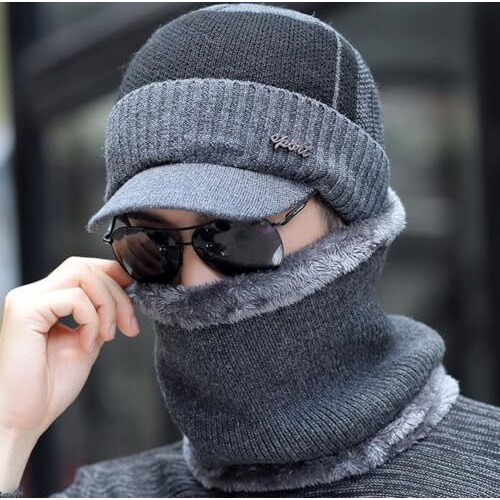 Alexvyan 1 Set Hat Style Soft Casual Cap And Scarf Imported Warm Snow And Air Proof Fleece Knitted Beanie Winter Cap With Scarf For Men Boy Male (Grey Hat)