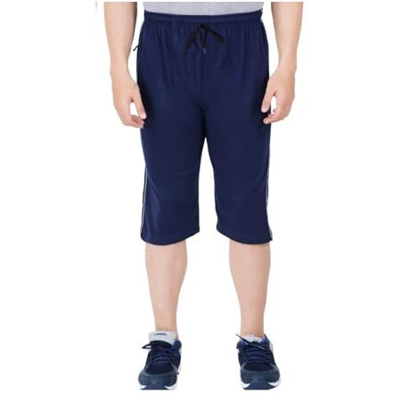Rugan Men's Cotton Capri Three Fourth Shorts With Dual Zipper Pocket | 3/4Th Pant For Men | Navy
