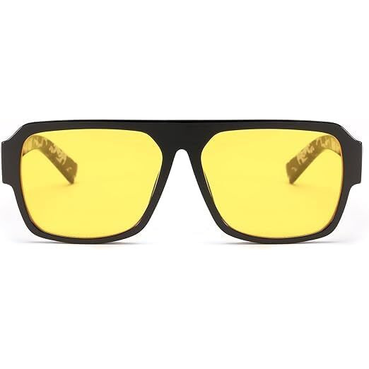Noir Gaze Square Shaped Black Frame & Yellow Lens Unisex Sunglasses|Designer Sunglasses For Men & Women| 100% Uv Protected | With Textured Printed Temples| Comfortable| Classic Shades| Best Gift Items