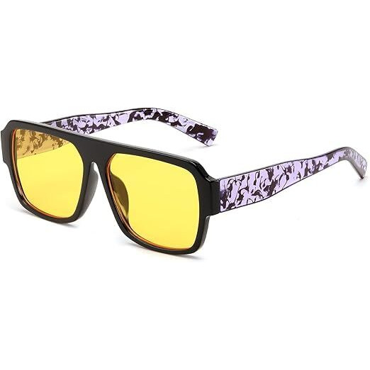 Noir Gaze Square Shaped Black Frame & Yellow Lens Unisex Sunglasses|Designer Sunglasses For Men & Women| 100% Uv Protected | With Textured Printed Temples| Comfortable| Classic Shades| Best Gift Items