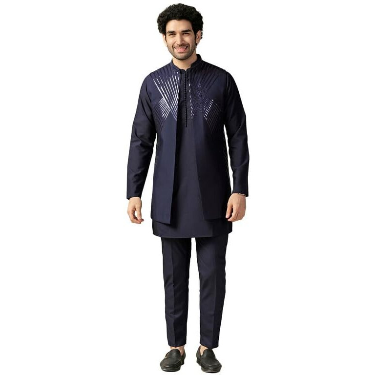 Kisah Men's Kurta Jacket Trouser Set, Blue Cotton Blend, Embellished Regular Fit Mandarin Collar Long Sleeves (38)