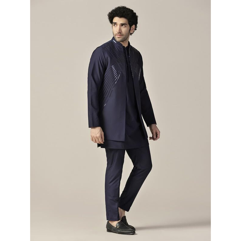 Kisah Men's Kurta Jacket Trouser Set, Blue Cotton Blend, Embellished Regular Fit Mandarin Collar Long Sleeves (38)