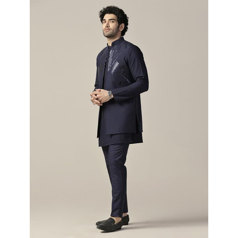 Kisah Men's Kurta Jacket Trouser Set, Blue Cotton Blend, Embellished Regular Fit Mandarin Collar Long Sleeves (38)