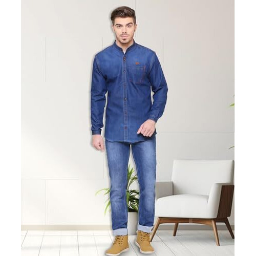 Kuons Avenue Men's Denimax Washed Mandarin Collar Denim Casual Shirt | Chinese Collar Shirts For Men (Kaclfs1237Xl_Denimax Washed_X-Large)
