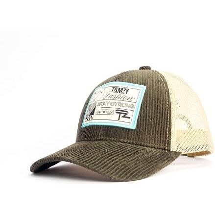 Tamzy Unisex 100% Corduroy & Mesh Adjustable 6 Panel Trucker Caps | Solcap For Men & Women | Snapback Caps For Boys & Girls | Woven Patch & Flat Embroidery Cap | Sun Protection Cap (Green + Beige)