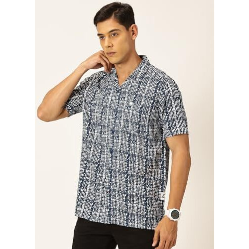 Thomas Scott Men Cotton Rayon Half Sleeves Cuban Collar Printed Casual Shirt (Medium Blue, L)