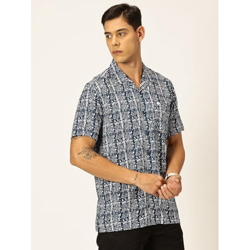 Thomas Scott Men Cotton Rayon Half Sleeves Cuban Collar Printed Casual Shirt (Medium Blue, L)