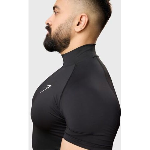 Men Half Sleeves Slim Fit Compression High Neck Sports And Gym Tshirt Black