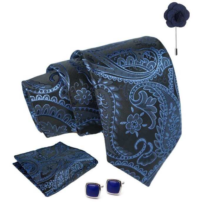 Axlon Navy Blue Pasiley Tie For Men  Formal Ties Set With Pocket Square & Tie Pin Clip For Mens, Silk Neckties Gift Sets For MenS (Ax24_28)