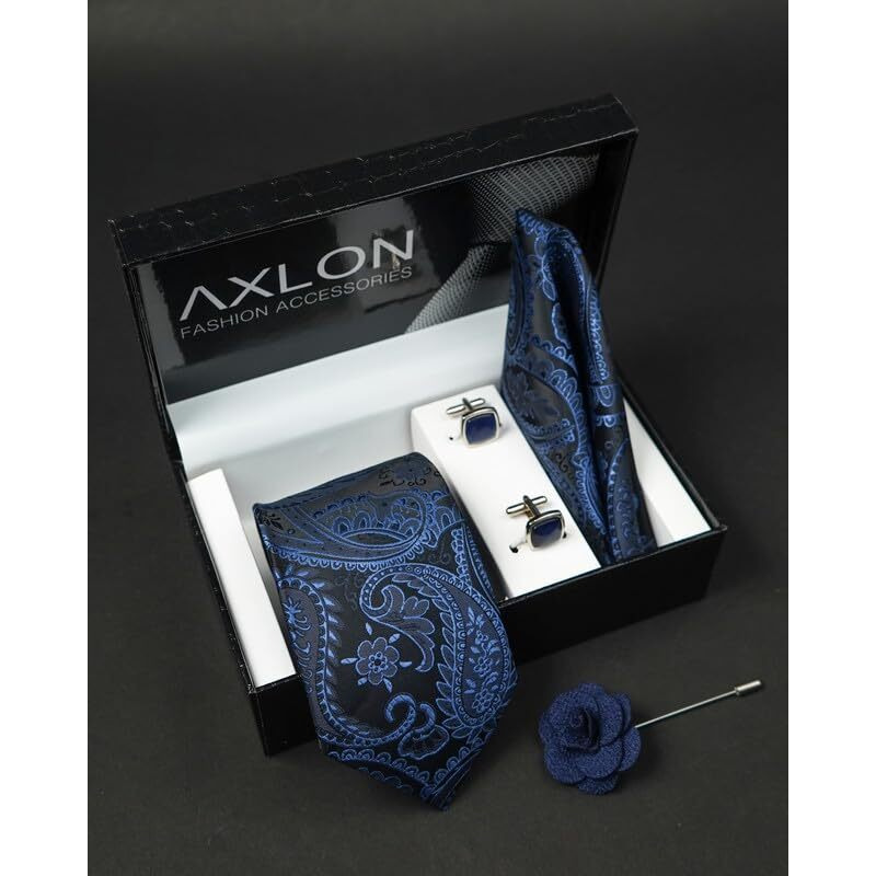 Axlon Navy Blue Pasiley Tie For Men  Formal Ties Set With Pocket Square & Tie Pin Clip For Mens, Silk Neckties Gift Sets For MenS (Ax24_28)
