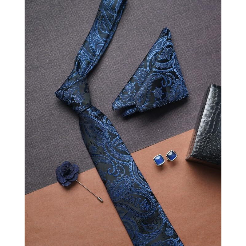Axlon Navy Blue Pasiley Tie For Men  Formal Ties Set With Pocket Square & Tie Pin Clip For Mens, Silk Neckties Gift Sets For MenS (Ax24_28)