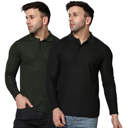Inkkr Solid Men's Polo Neck Fullsleeve T-Shirt Combo(B.Green,Black)_L