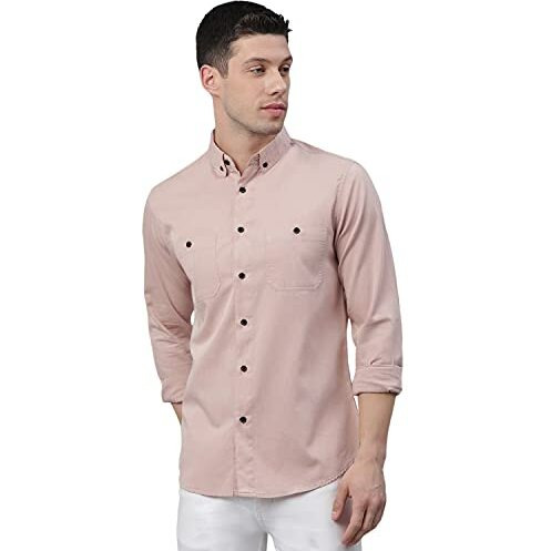 Dennis Lingo Men's Cotton Full Sleeves Solid Slim Fit Cotton Casual Shirt (Peach, M)