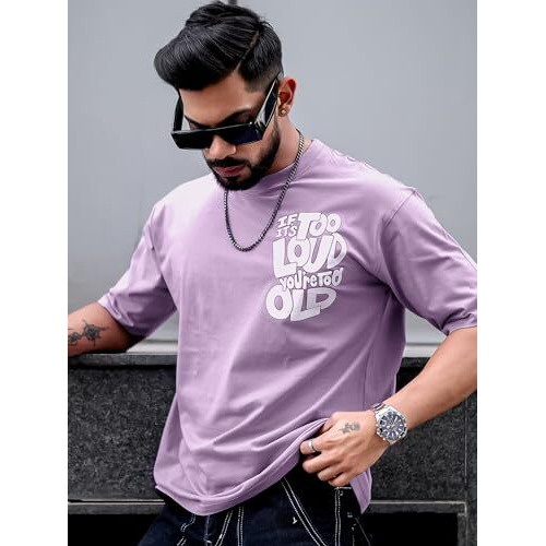 Maniac Mens Printed Round Neck 3/4Th Sleeve Lavender And White Cotton Oversized T-Shirt