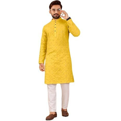 Krijet Cotton Silk Embroidery Ethnic Kurta For Men -Embroidered Full Sleeves Mandarin Collar Kurta| Suit For Men| Kurta Set For Men | Haldi Kurta For Men (In, Alpha, M, Regular, Yellow)