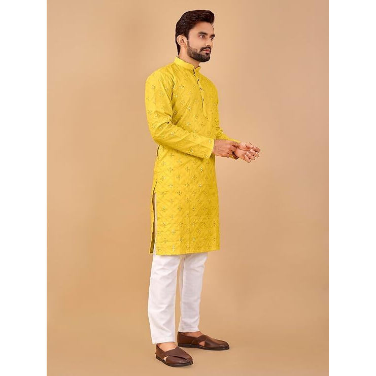 Krijet Cotton Silk Embroidery Ethnic Kurta For Men -Embroidered Full Sleeves Mandarin Collar Kurta| Suit For Men| Kurta Set For Men | Haldi Kurta For Men (In, Alpha, M, Regular, Yellow)