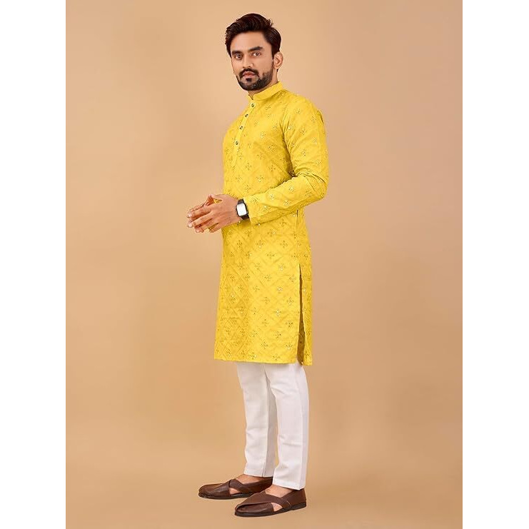 Krijet Cotton Silk Embroidery Ethnic Kurta For Men -Embroidered Full Sleeves Mandarin Collar Kurta| Suit For Men| Kurta Set For Men | Haldi Kurta For Men (In, Alpha, M, Regular, Yellow)