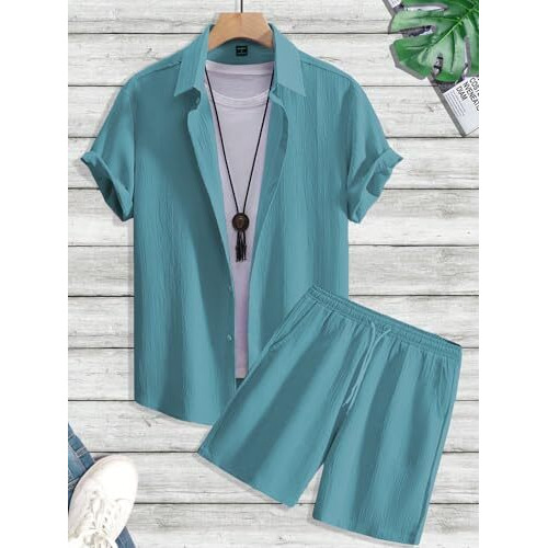 Tagdo Men's 2-Piece Black Summer Outfit - Short-Sleeve Shirt And Matching Shorts - Casual Beachwear Set (Men-Coord-2034-Aqua-M)