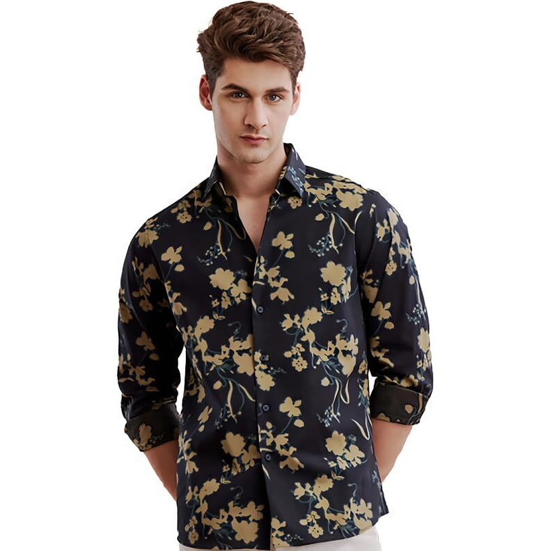 U-Turn Men's Cotton Casual/Semi Formal Slim Fit Printed Shirt For Men Stylish Latest (Black-Yellow Medium)