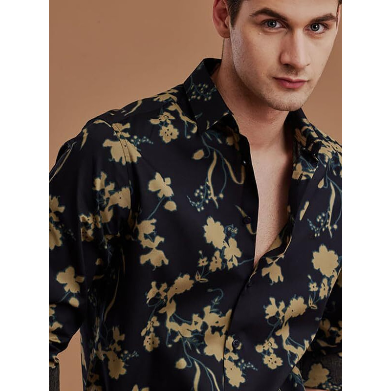 U-Turn Men's Cotton Casual/Semi Formal Slim Fit Printed Shirt For Men Stylish Latest (Black-Yellow Medium)