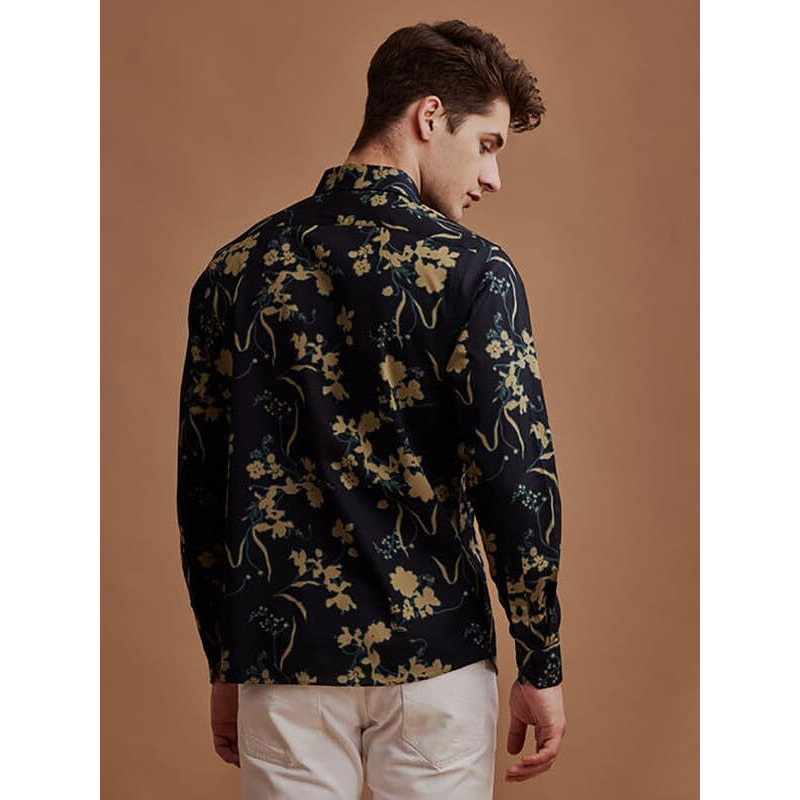 U-Turn Men's Cotton Casual/Semi Formal Slim Fit Printed Shirt For Men Stylish Latest (Black-Yellow Medium)