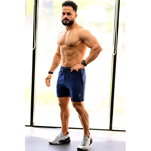 Athletic Slim Fit Training And Gym Shorts For Men With Zipper Pockets (Large, Navy)