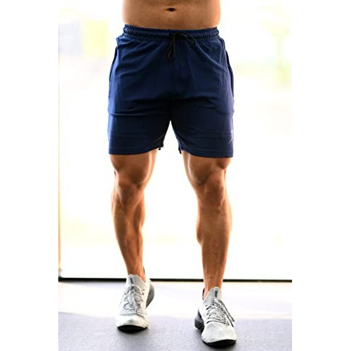 Athletic Slim Fit Training And Gym Shorts For Men With Zipper Pockets (Large, Navy)
