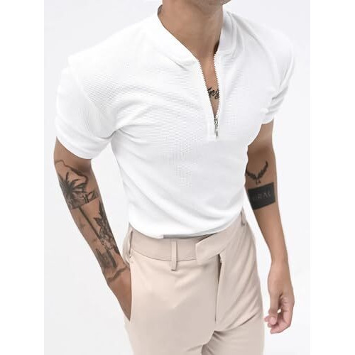 Jump Cuts Men Polyester Henley Tshirt||Half Sleeve|| Waffle Regular Fit Tshirt White, Xl